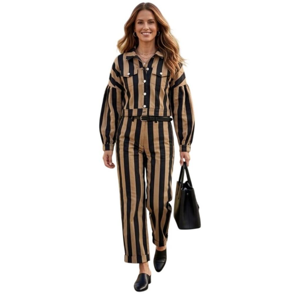 Stine Goya Striped Jacket Pants Co-Ord Set XS Tan Black Statement Scandi Chic - Picture 1 of 12
